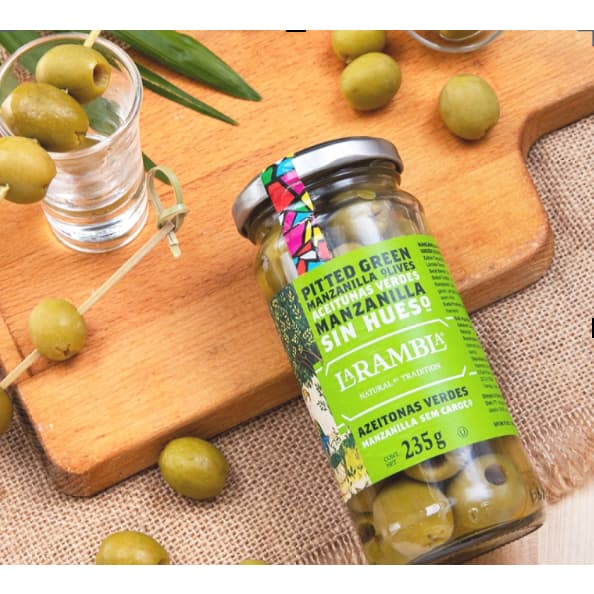 ลา แรมบลา มะกอกเขียวมันซานิลา ไร้เมล็ด 235 กรัม - Green Manzanilla Olives Pitted 235g La Rambla brand รูปที่ 2