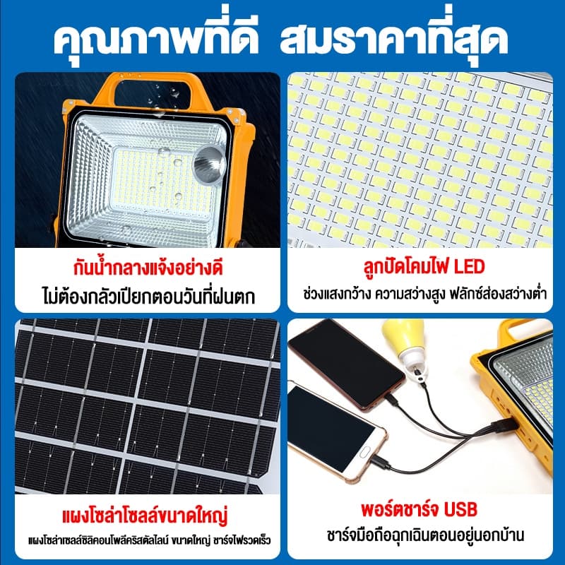 ไฟโซล่าเซลล์ 100,000W โซล่าเซลล์ สปอตไลท์พกพา โซล่าเซลล์USB สว่างมาก ไฟพกพาอเนกประสง ไฟฉุกเฉินในบ้านกันน้ำ ไฟแคมป์ปิ้ง รูปที่ 7