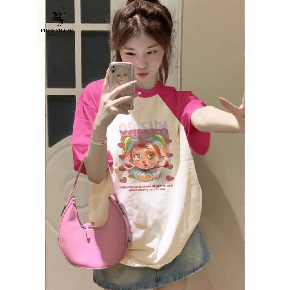 เสื้อยืดสวยๆผู้หญิงที่กําลังฮิต oversize เสื้อผ้าสไตล์ญี่ปุ่นน่ารัก แฟชั่นเกาหลี เสื้อโอเวอร์ไซส์วินเทจ สตรีทสีทูโทนม้าก รูปที่ 4
