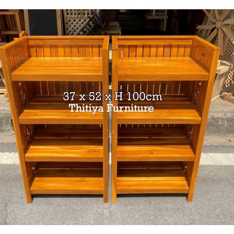 ชั้นวางของอเนกประสงค์ 4 ชั้น ไม้สักแท้ ฉลุลายด้านข้าง ชั้นเข้ามุม ขนาด37x52x100ซม รูปที่ 2