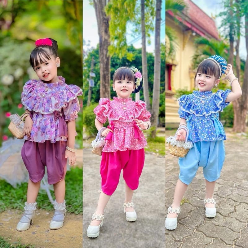 ชุดไทยเด็กผู้หญิง โจงกระเบน+เสื้อผ้าไหมอิตาลี่ ผ้านิ่มใส่สบายไม่ร้อน รูปที่ 1