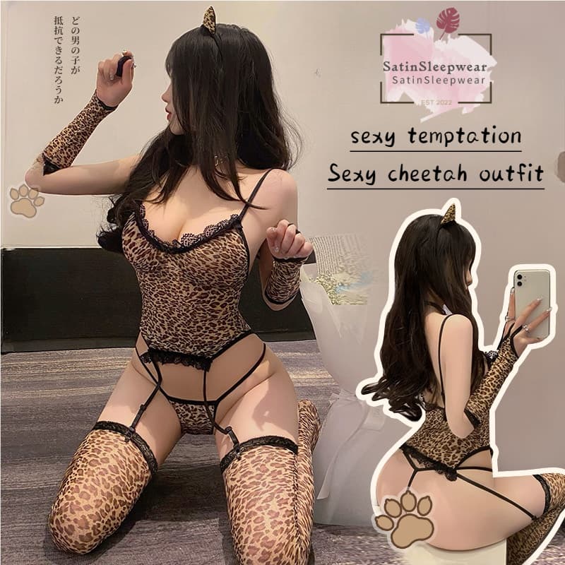 SatinSleepwearชุดคอสเพลย์เซ็กซี่ จั๊มสูทลายเสือดาว จัดส่งจากประเทศไทย H1167 รูปที่ 1