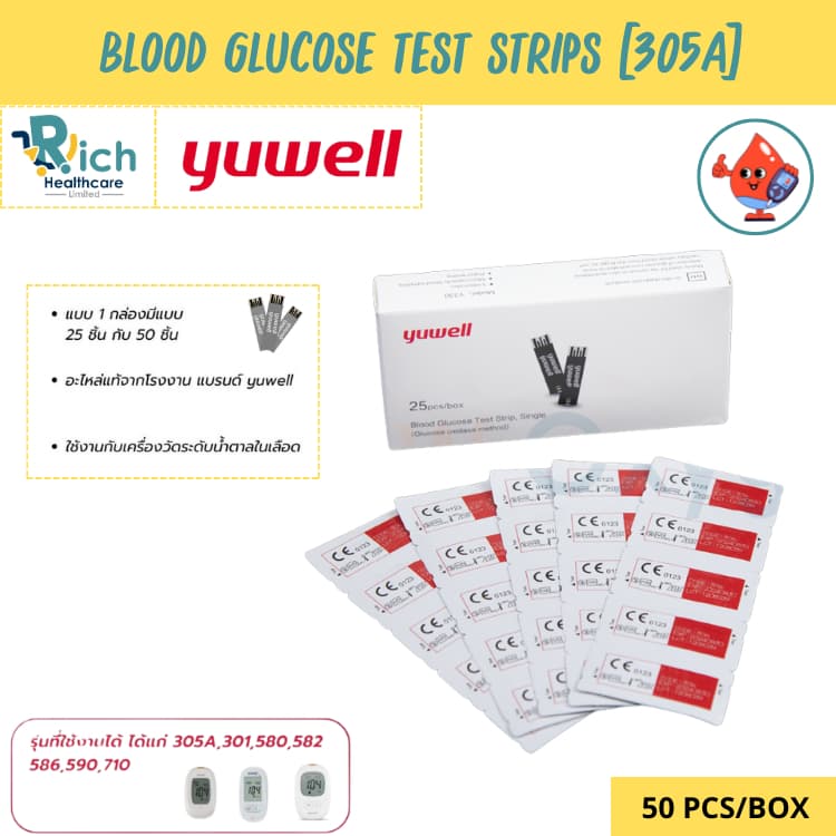 Yuwell แถบตรวจน้ำตาล ใช้กับเครื่องตรวจวัดระดับน้ำตาล Blood Glucose Test Strip บรรจุ 25 ชิ้น รูปที่ 1