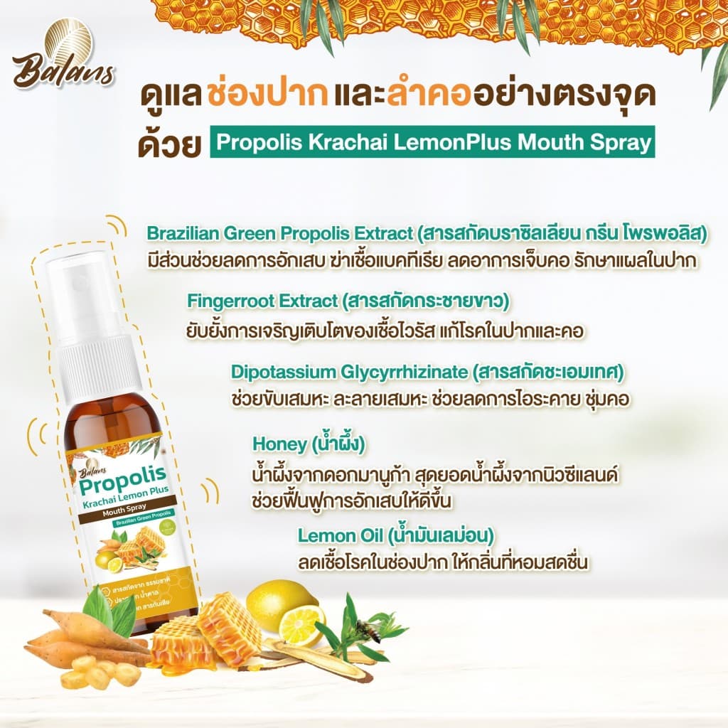บาลานส์ โพรพอลิส กระชาย เลม่อน พลัส เม้าท์ สเปรย์ 20 มิลลิลิตร ป้องกันแบคทีเรีย ไวรัสในช่องปาก และลำคอ รูปที่ 3