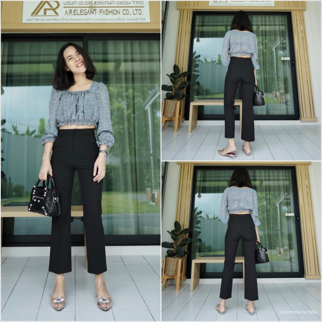 ARTHITTAYA.BRAND กางเกงผ้าซาร่า 8 ส่วน ขาบาน เอวสูง-สีดำ รูปที่ 5