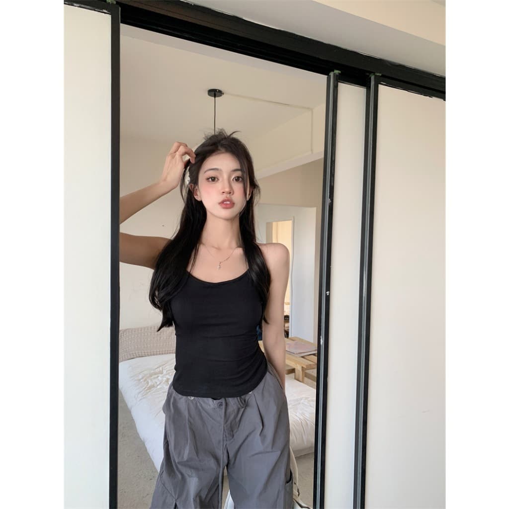 ส่งทันที Cici Set2ชิ้น เสื้อเเขนยาวเว้าหลัง+สายเดี่ยวเว้าหลัง ผ้าไหมพรม สายปรับได้ สาวเซ็กซี่ รูปที่ 5