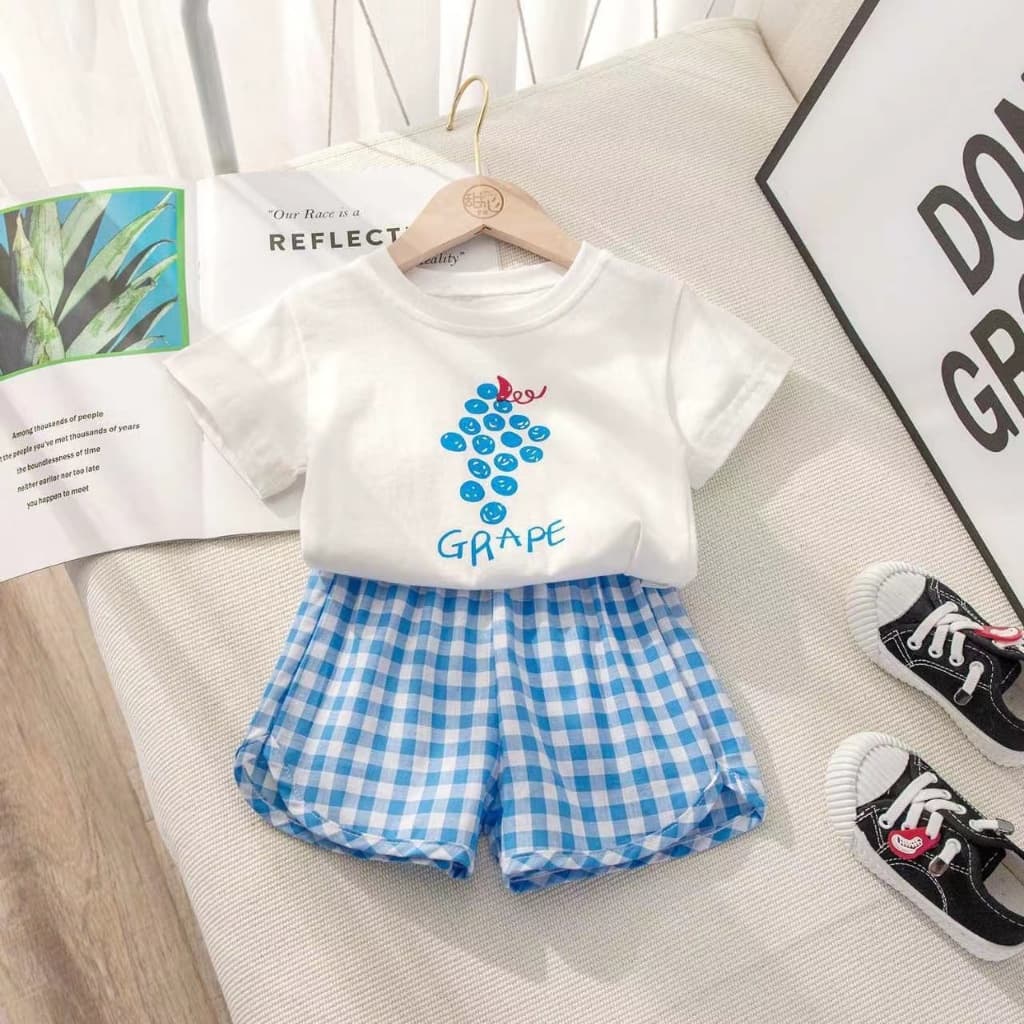 P06 ชุดเสื้อแขนสั้น ชุดเด็ก ลายผลไม้ และ กางเกงขาสั้นลายสก๊อต ผ้านิ่ม ใส่สบาย Set 2 ชิ้น รูปที่ 5