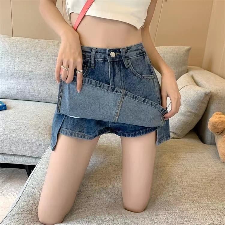 GHAOHES กระโปรงกางเกงยีนส์ S-4XL เอวสูง ลมเกาหลี มินิน่ารัก ผ่า 2 ข้าง มีซับยีนส์ กระโปรง y2k รูปที่ 2