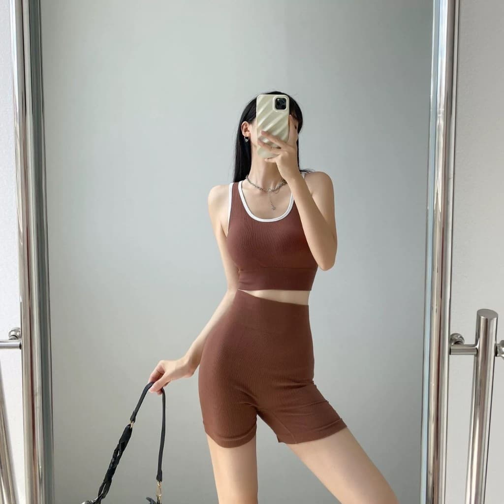 ชุดออกกำลังกายผู้หญิง สปอร์ตบรา ผ้ายืด เสื้อ+กางเกง สปอร์ตบราออกกำลังกาย MJ binbinzhao รูปที่ 3