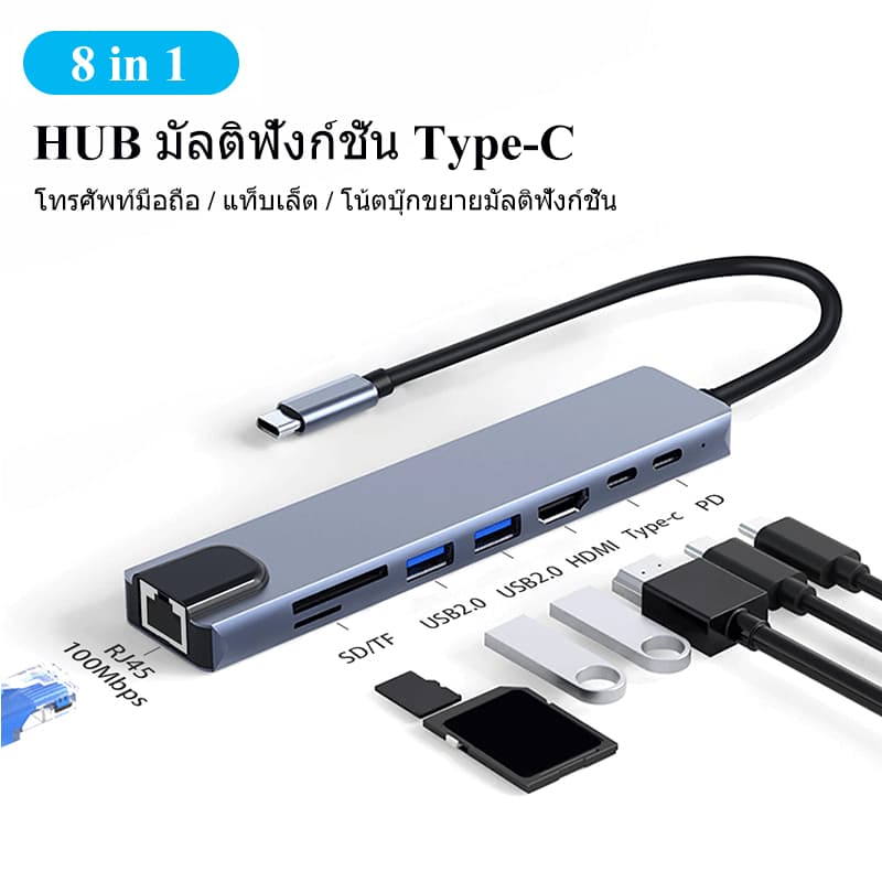 8 In 1 ตัวแยก USB Type C สําหรับ 4K HDMI RJ45 Ethernet 3.0 TF Card Reader PD ชาร์จเร็ว สำหรับ Mac-แล็ปท็อป Dock รูปที่ 1