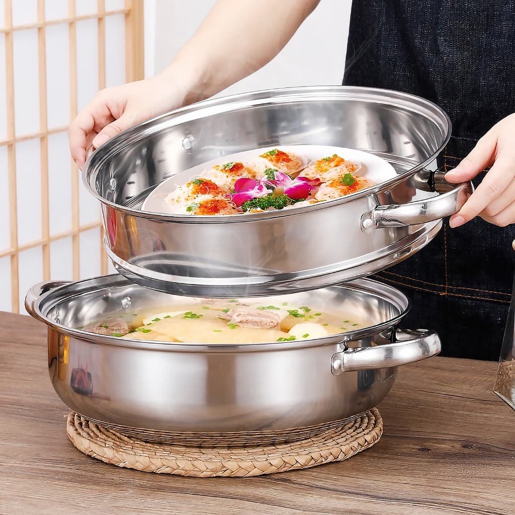 หม้อนึ่งสแตนเลส2ชั้น รุ่นฝาใส ขนาด28cm. ใช้กับเตาแม่เหล็กไฟฟ้าได้ หม้ออเนกประสงค์ รูปที่ 2