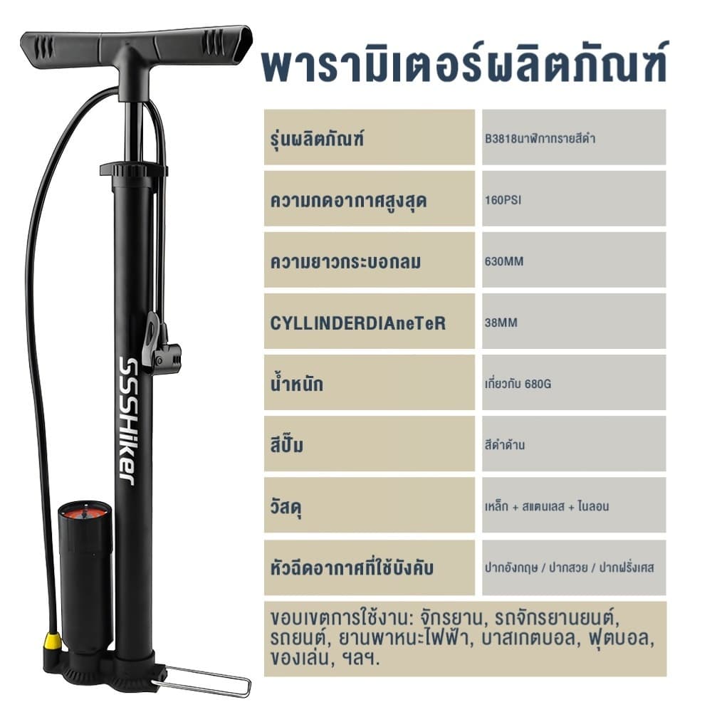 ปั๊มลมยางสูงแรง 160PSI พร้อมมาตรวัดแรงดัน อเนกประสงค์ สำหรับรถยนต์ จักรยานยนต์ จักรยาน รูปที่ 9