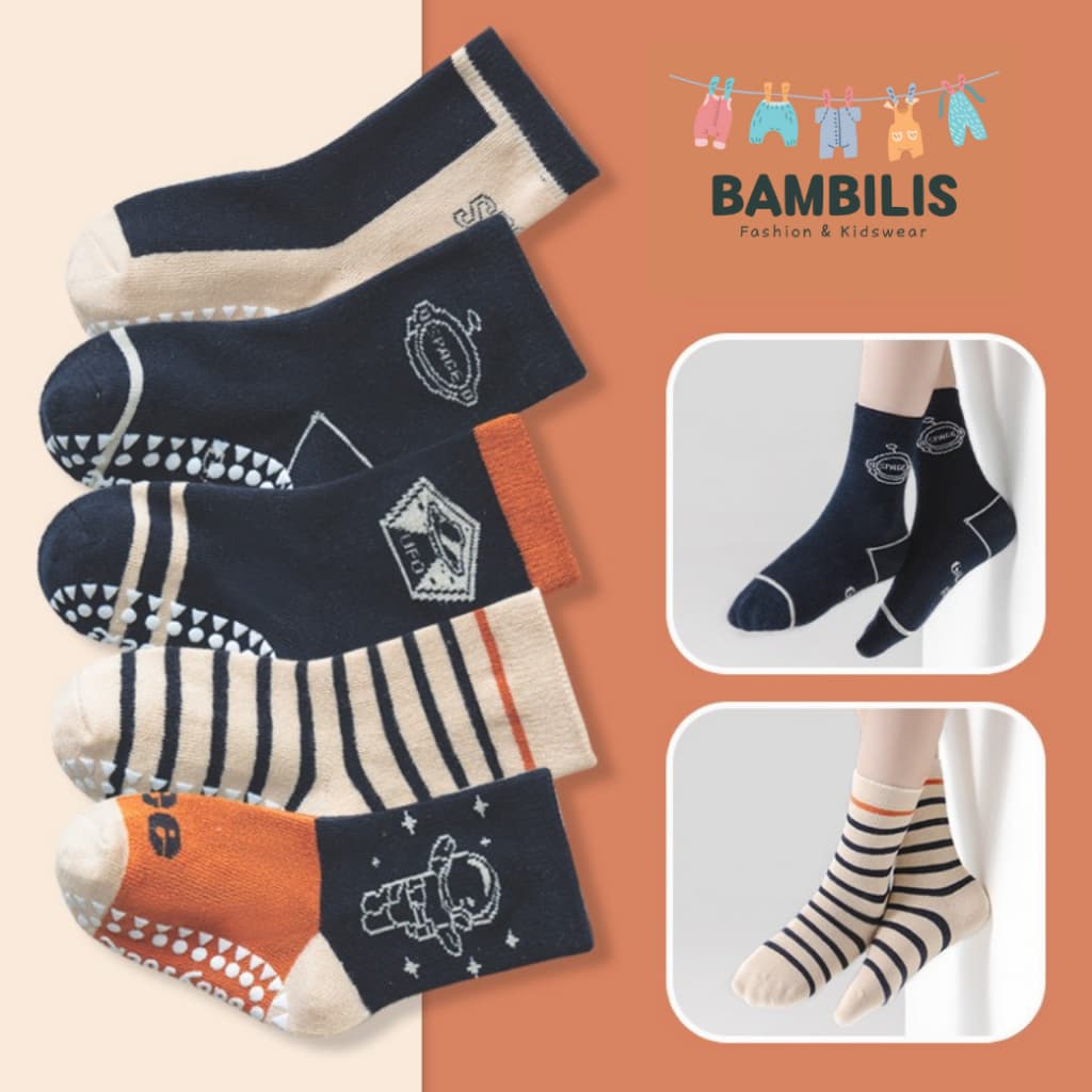 Bambilis : ถุงเท้าเด็ก ถุงเท้าเด็กกันลื่นข้อสั้น 1 แพคมี 5 คู่ ลายอวกาศสีส้ม รูปที่ 2