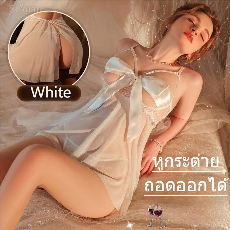Satin Sleepwearชุดเดรสผูกโบว์สุดเซ็กซี่ ชุดนอนไม่ได้นอน โบว์ผูกได้ วัสดุตาข่าย บาง ใส เบา H1155 รูปที่ 4