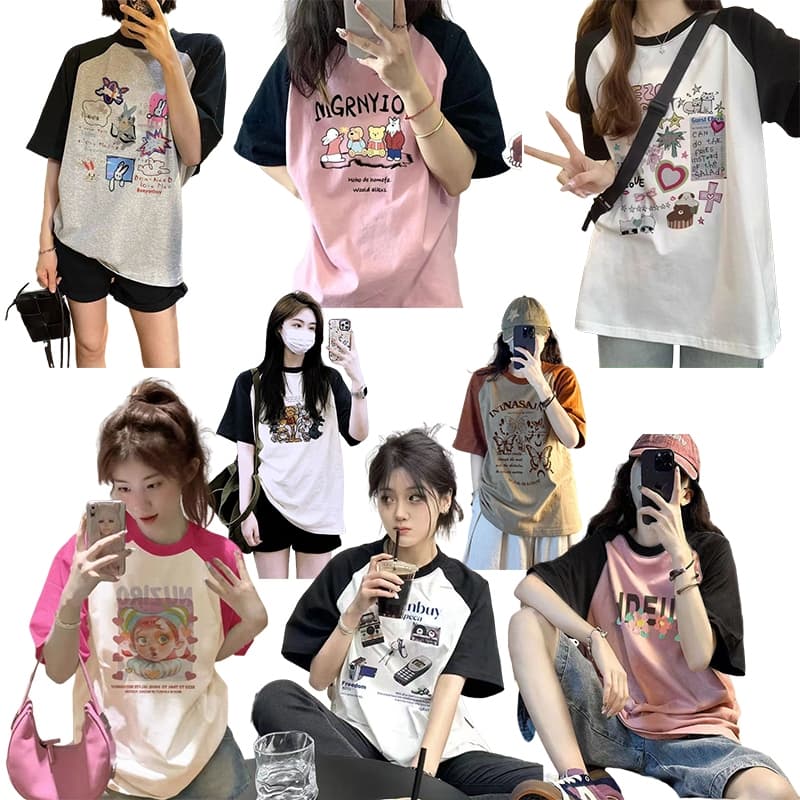 เสื้อยืดสวยๆผู้หญิงที่กําลังฮิต oversize เสื้อผ้าสไตล์ญี่ปุ่นน่ารัก แฟชั่นเกาหลี เสื้อโอเวอร์ไซส์วินเทจ สตรีทสีทูโทนม้าก รูปที่ 1