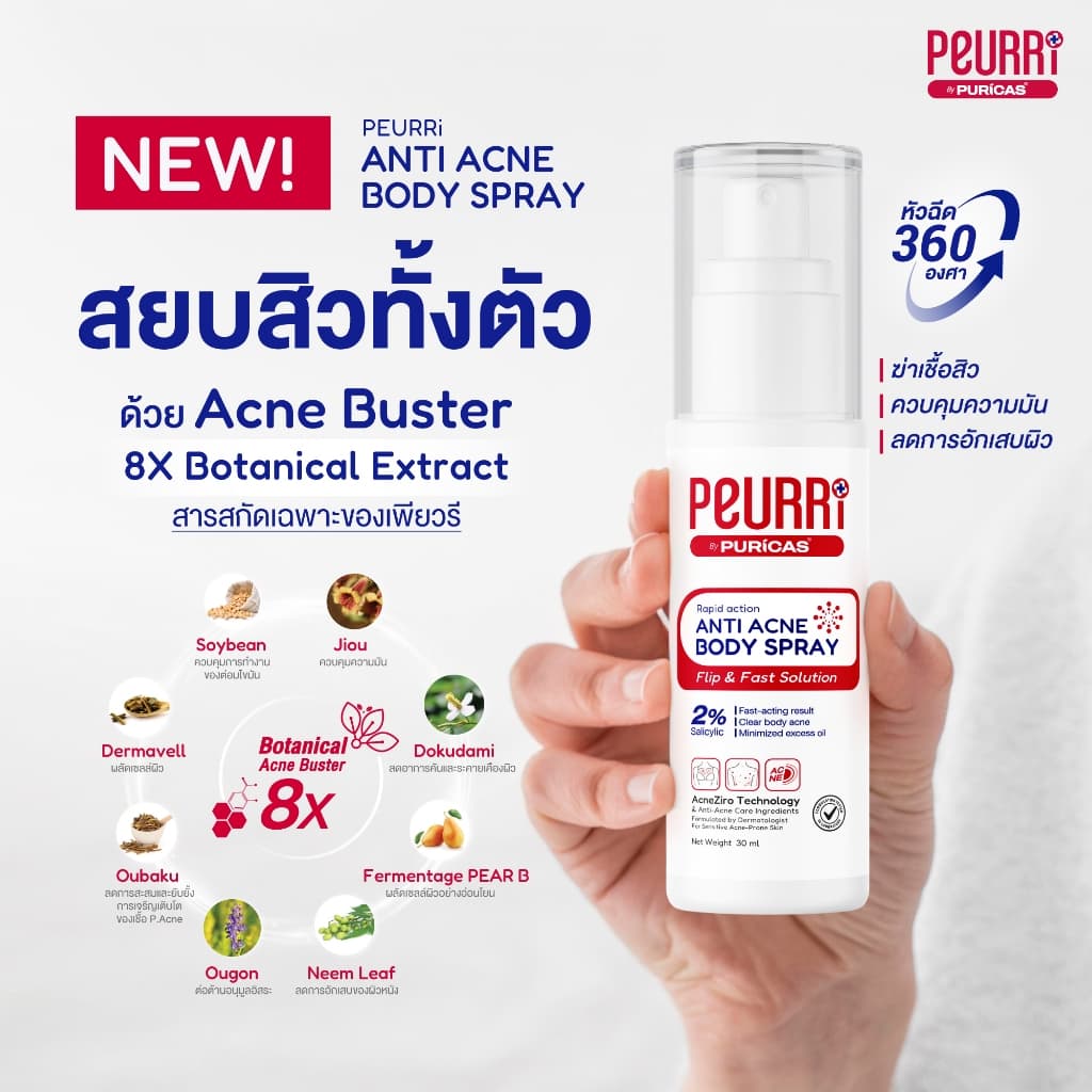 สเปรย์สิวหลัง PEURRi Anti Acne Body Spray 30ml ยิ่งฉีด สิวยิ่งแห้งไว สเปรย์ลดเลือนสิวหลังและสิวตัว รูปที่ 3