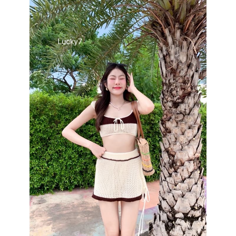 BY IRA RUBY Set งานเซ็ทไหมพรม สายเดี่ยว+กระโปรง แต่งลายฉลุ ชุดเซ็ตไปทะเล ดีเทลแต่งโบว์สุดน่ารัก รูปที่ 5