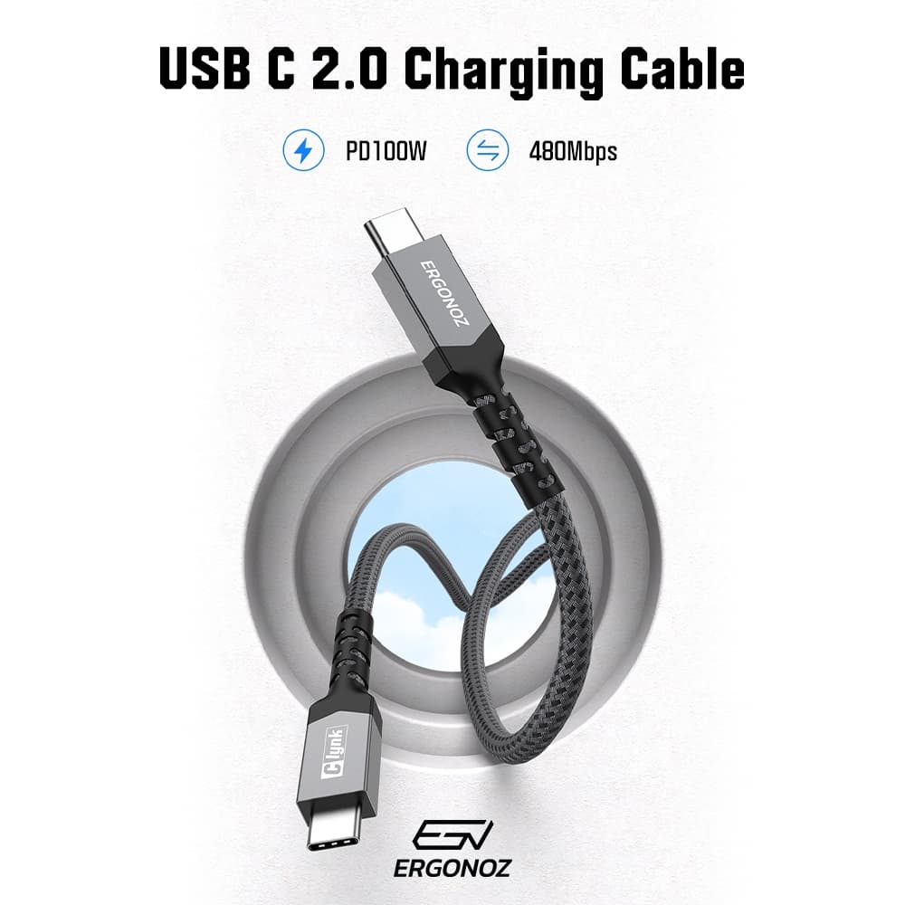 ERGONOZ Clynk สายชาร์จ TYPE-C PD 100W 20V 5A สายส่งข้อมูล 480 Mbps สายถัก E-Marker Chip ยาว 1M/2M/3M รูปที่ 2