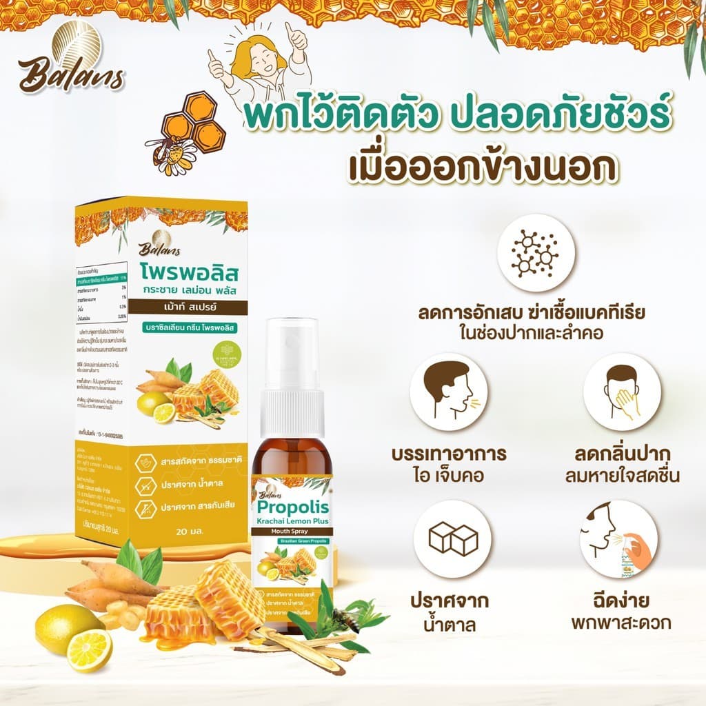 บาลานส์ โพรพอลิส กระชาย เลม่อน พลัส เม้าท์ สเปรย์ 20 มิลลิลิตร ป้องกันแบคทีเรีย ไวรัสในช่องปาก และลำคอ รูปที่ 2