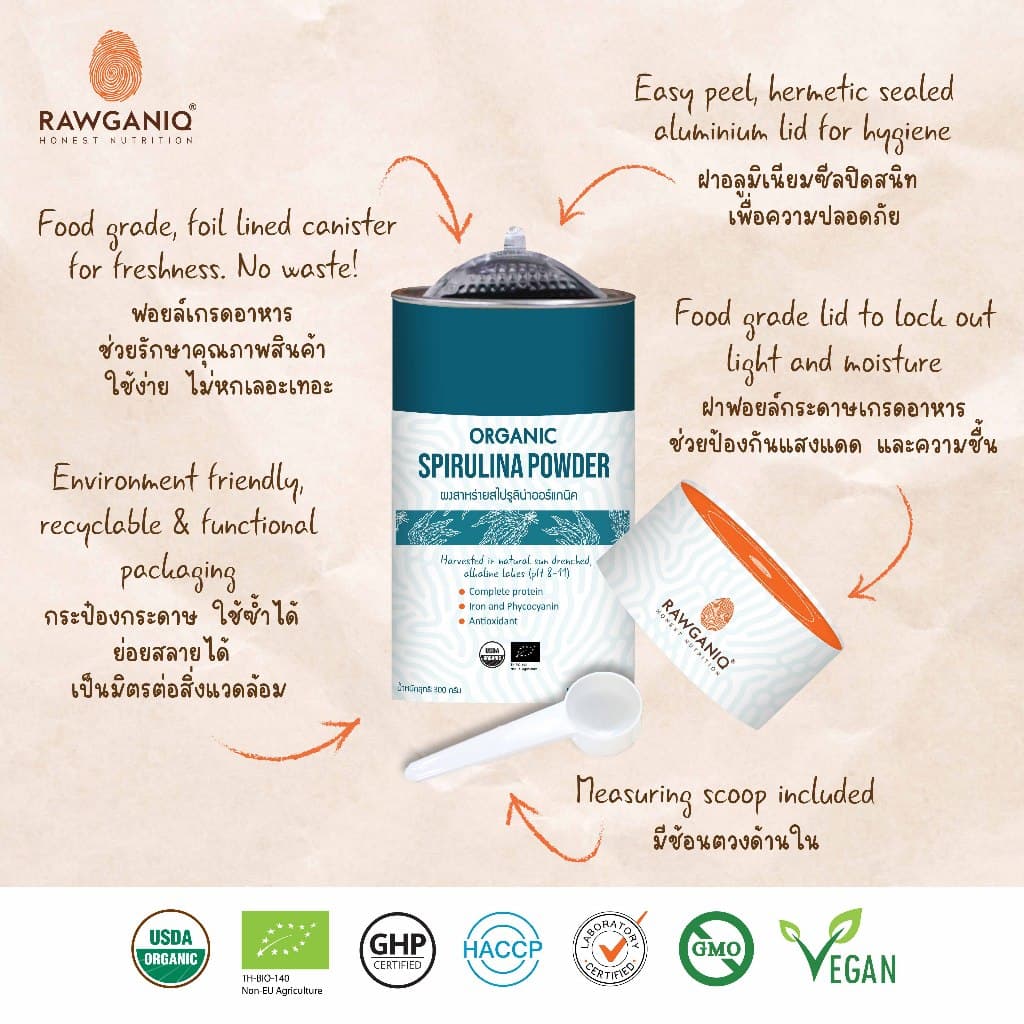 ผงสาหร่ายสไปรูลิน่า สาหร่ายเกลียวทองออร์แกนิค มีผลแลป Organic Spirulina Powder รูปที่ 2