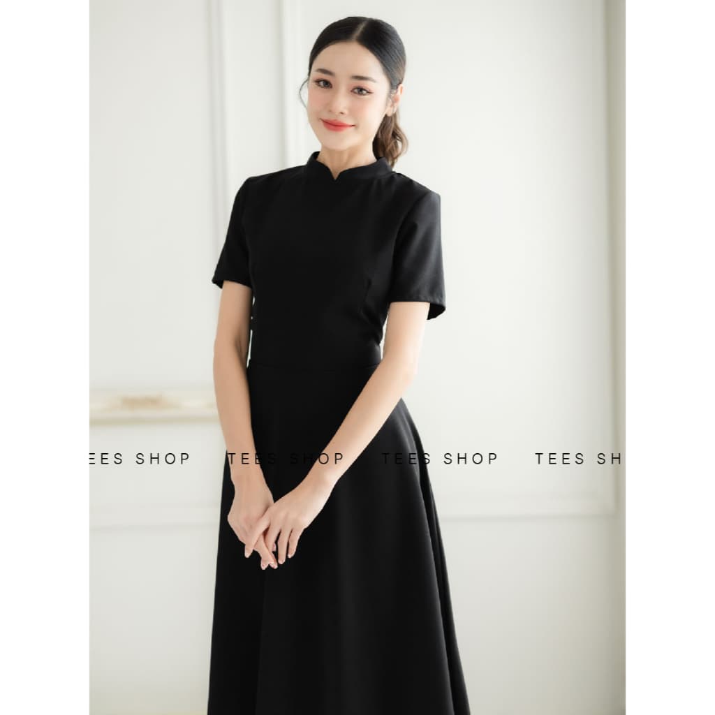 TEESBRAND T1566 ชุดทำงานสีดำ ทรงบาน เสื้อคอจีน แขนสั้น ยาว40 นิ้ว เดรสดำ ชุดดำงานศพ ชุดสุภาพ ใส่งานพิธี สินค้า รูปที่ 2