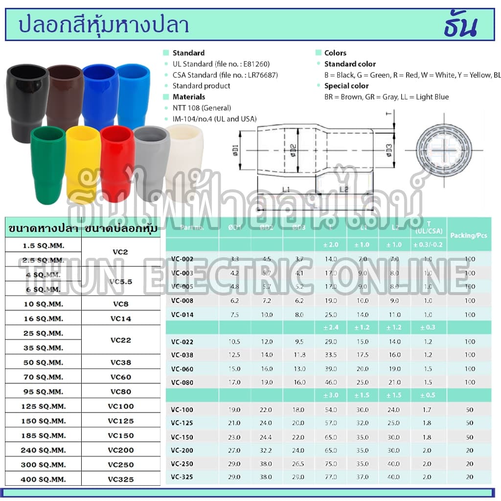Thun ปลอกหุ้มหางปลา 5.5มม. VC5.5 ดำ น้ำเงิน น้ำตาล เขียว เทา ฟ้า แดง ขาว เหลือง #ขายยกถุง100ตัว รูปที่ 5