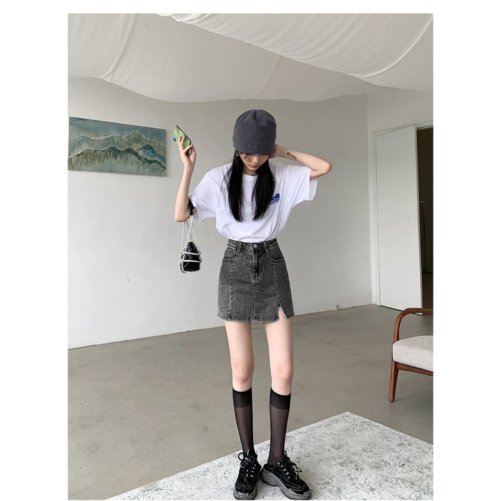 5สี กระโปรงทรงเอ กระโปรงยีนส์ พร้อมกางเกงกันโป๊ งานเย็บละเอียด เเบบผ่าข้าง #J316 รูปที่ 9