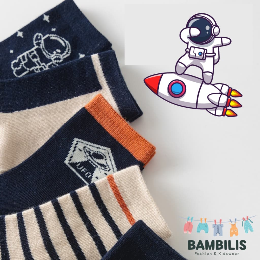 Bambilis : ถุงเท้าเด็ก ถุงเท้าเด็กกันลื่นข้อสั้น 1 แพคมี 5 คู่ ลายอวกาศสีส้ม รูปที่ 4