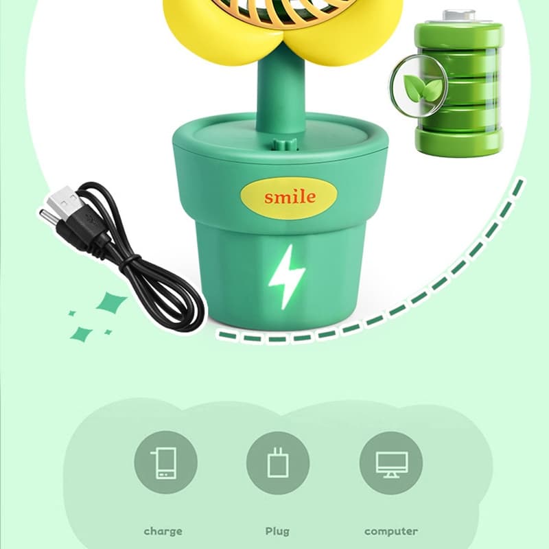 พัดลมไฟฟ้าตั้งโต๊ะ ขนาดเล็ก แบบพกพา ชาร์จ usb ลายดอกไม้น่ารัก สําหรับนักเรียน พัดลมกระถางดอกไม้ เก็บแบต C00021 รูปที่ 5