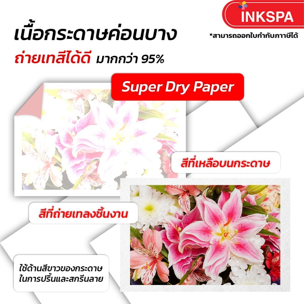 กระดาษ Super Dry Paper กระดาษทรานเฟอร์ sublimation กระดาษสกรีนหน้าขาวหลังชมพู by inkspa รูปที่ 4