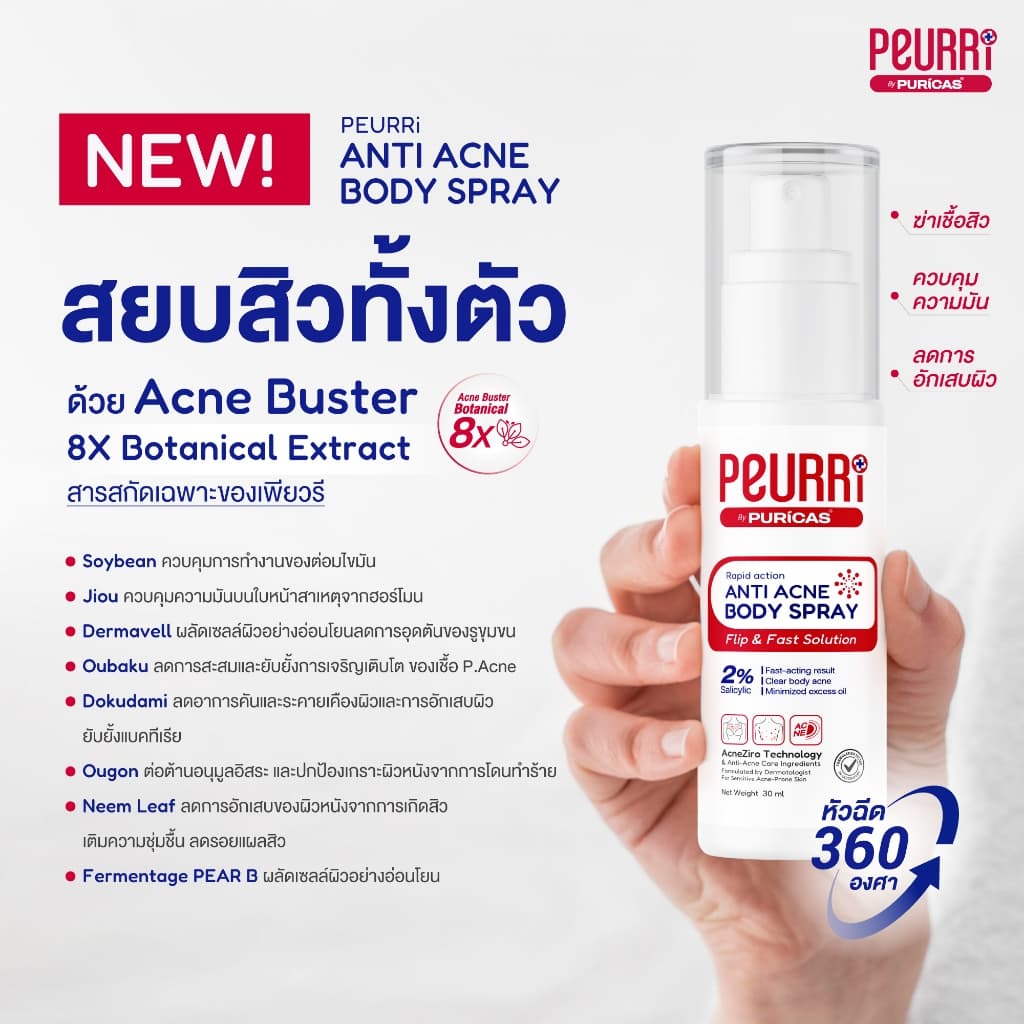 สเปรย์สิวหลัง PEURRi Anti Acne Body Spray 30ml ยิ่งฉีด สิวยิ่งแห้งไว สเปรย์ลดเลือนสิวหลังและสิวตัว รูปที่ 4