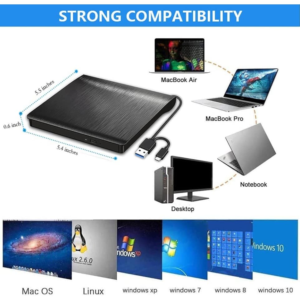 USB 3.0 /TYPE-C Dual Interface Ultra Slim External DVD-RW Burner/CD/Rewrite/ออปติคัลไดรฟ์แบบพกพาสีดำ รูปที่ 2