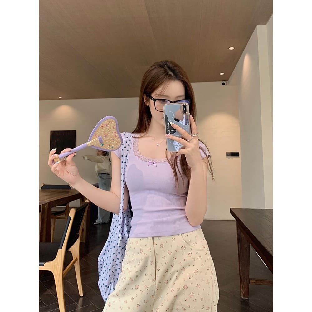 cherryshop เสื้อยืดแขนสั้น เสื้อลูกไม้ คอกลมลายลูกไม้สีขาวสำหรับผู้หญิง Y2Kเสื้อครอปทรงเข้ารู รูปที่ 5