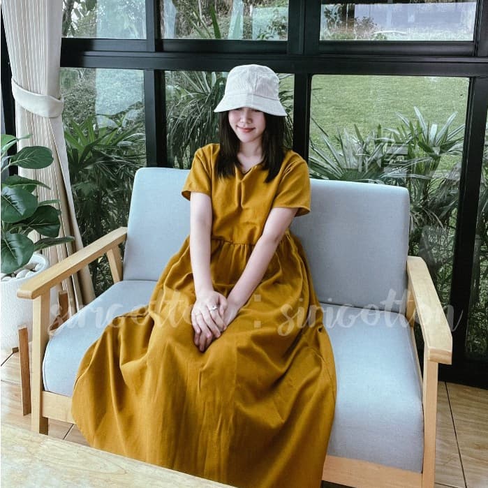 Empire waist dress : เดรสผ้าฝ้ายฟอกนุ่ม เชือกผูกปรับเข้ารูป มีกระเป๋าล้วง รูปที่ 6