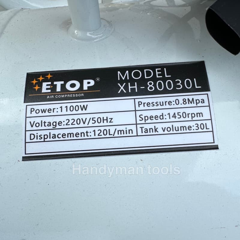 ETOP ปั๊มลม ถังลม ปั๊มลมโรตารี่ ปั๊มลมออยฟรี ขนาด 30 ลิตร กำลัง 1100W ทองแดงแท้ + อุปกรณ์ 6 อย่าง รูปที่ 3