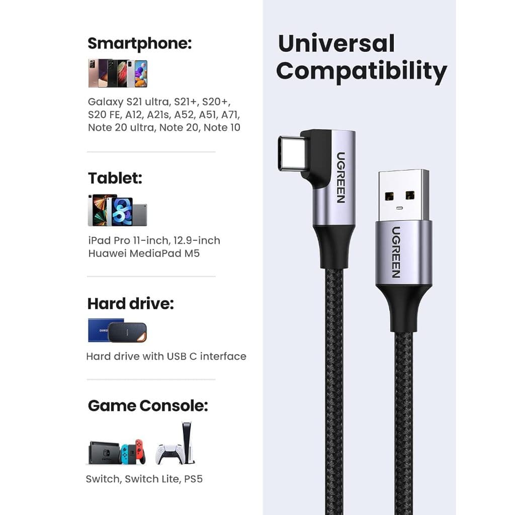UGREEN สายชาร์จ USB 3.0 M to USB-C 3A Data Cable 1m, 90° Angled รุ่น 20299 รูปที่ 3
