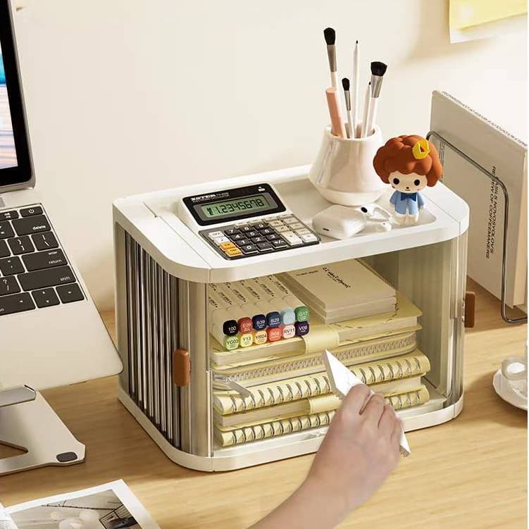 กล่องเก็บของ Mini แบบตั้งโต๊ะ ขนาดเล็ก น่ารัก น่าใช้ พับเก็บได้ ดีไซน์บานเปิดแบบสไลด์โค้ง ใส่เครื่องสำอาง ของใช้จุกจิก รูปที่ 1