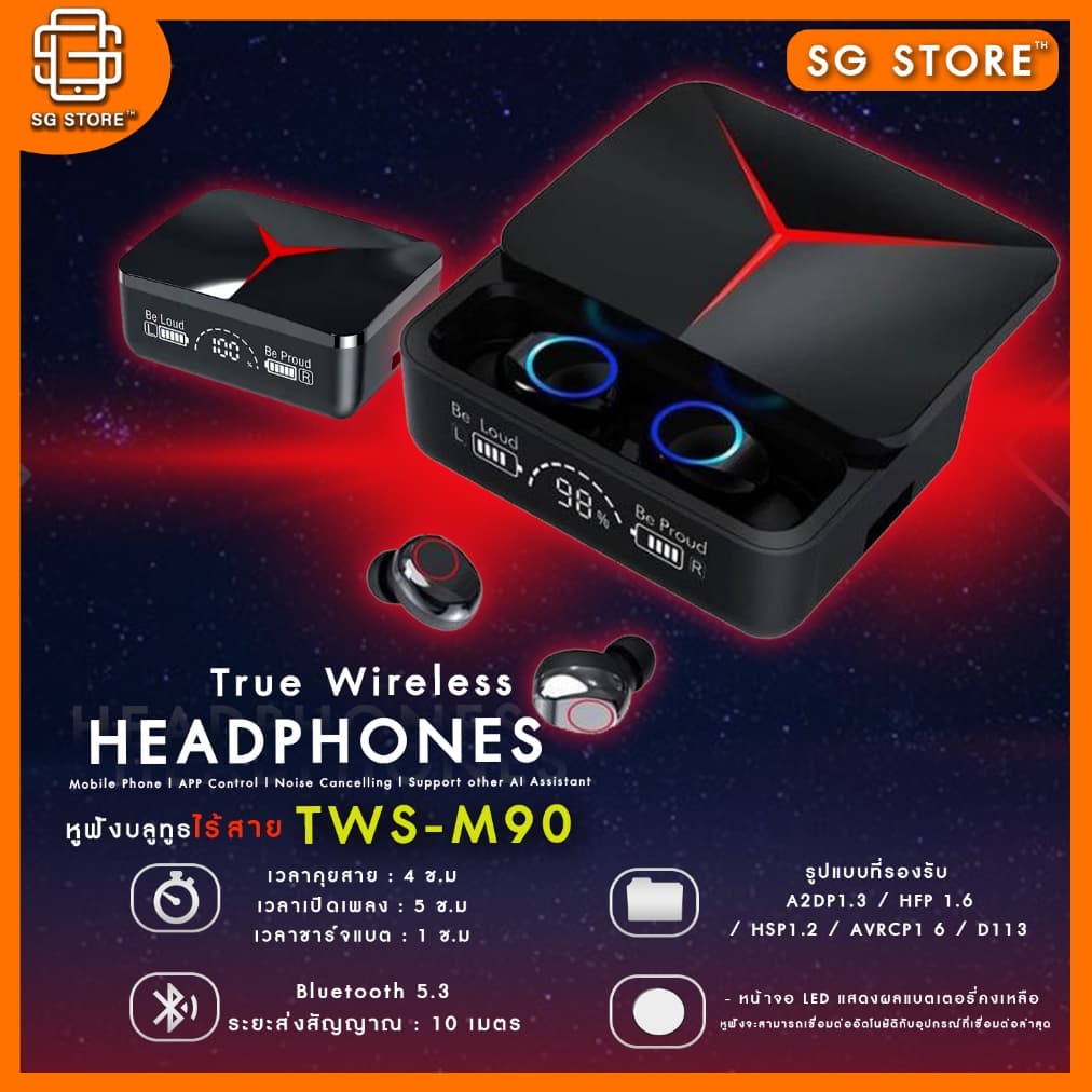 ใหม่ล่าสุด TWS-M90 หูฟังสำหรับเล่นเกมบลูทูธV5.3 กล่องชาร์จไร้สาย 9D สเตอริโอกีฬา พร้อม รูปที่ 1