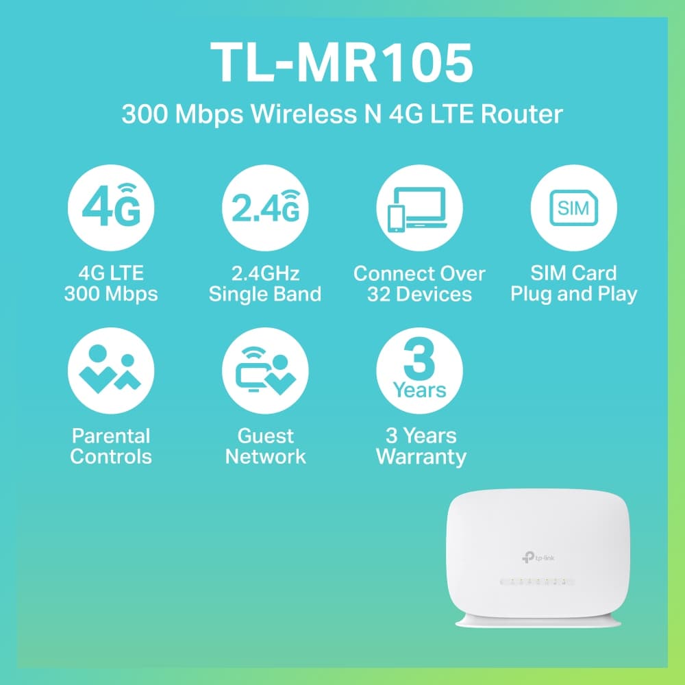 TP-Link TL-MR105 เราเตอร์ใส่ซิม4G 300 Mbps Wireless N 4G LTE Router เสียบซิมการ์ดก็ใช้ได้เลย แชร์ไวไฟได้สูงสุด 32อุปกรณ์ รูปที่ 2