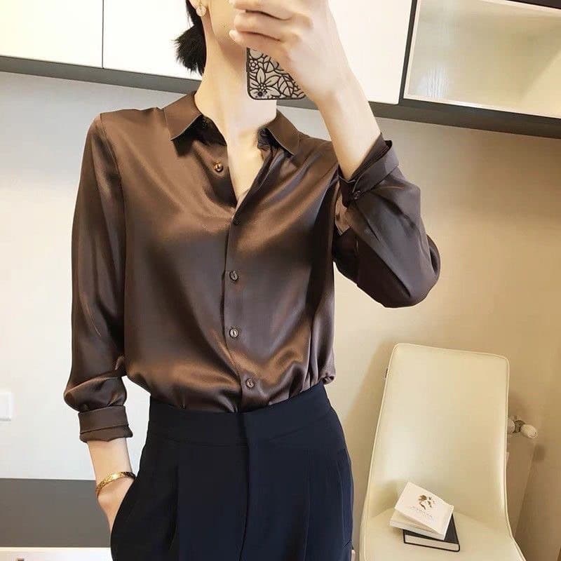 MM001 เสื้อเชิ้ตใส่ทำงาน เสื้้อเชิ๊ตสีดำ แขนยาวผ้าซาติน สไตล์เกาหลี ใส่ทำงาน สำหรับผู้หญิง รูปที่ 7