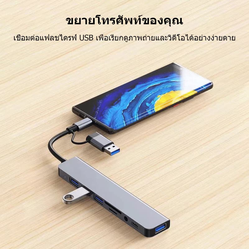 8 in 1 อะแดปเตอร์ฮับ USB+Type C HUB USB C เป็น USB 3.0 การ์ดรีดเดอร์ SD TF pd HUB 3.5 มม. สำหรับโทรศัพท์ม รูปที่ 5