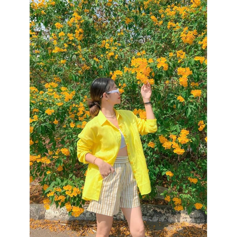 เสื้อเชิ้ตลินินแท้ 100% งานเกรดพรีเมี่ยม โทนสีเขียวเหลือง รูปที่ 5
