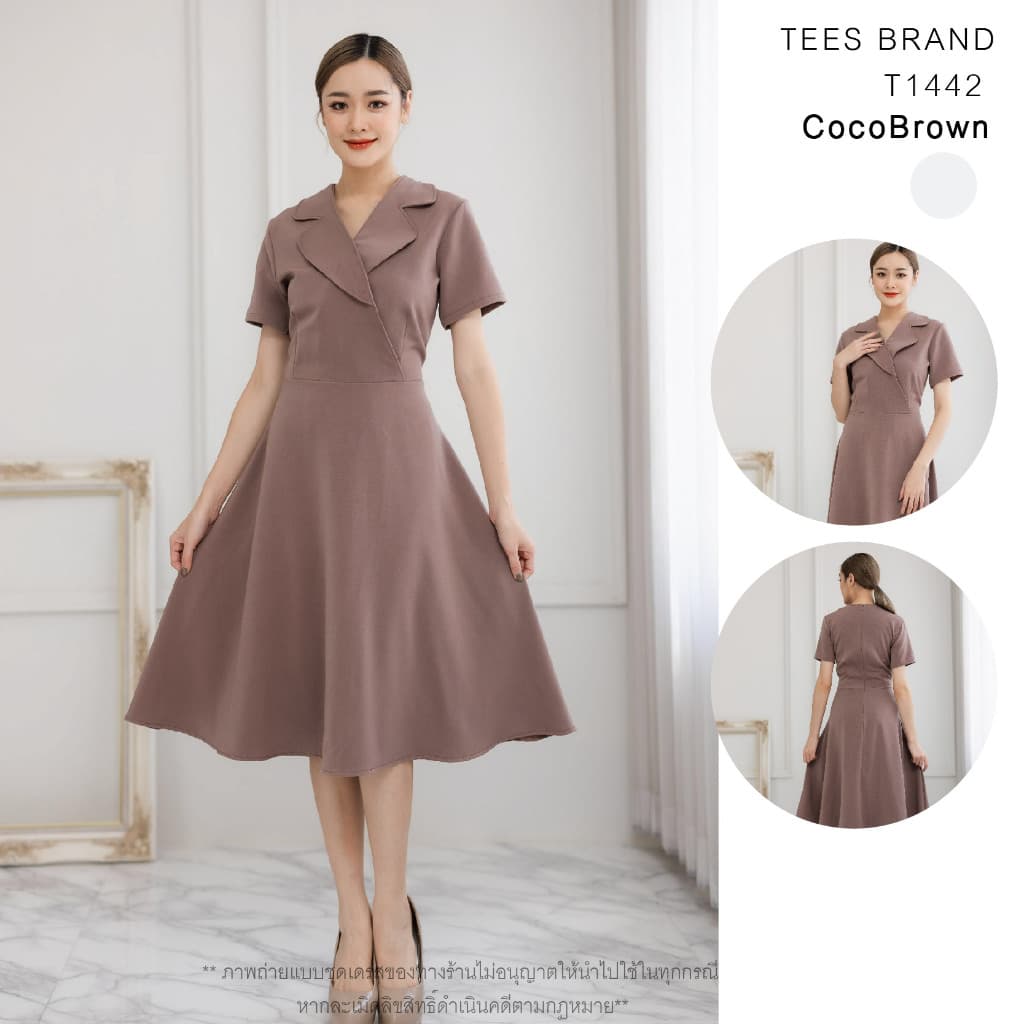 TEESBRAND ชุดทำงานสีดำT1440 1441 1442 เสื้อป้าย ปกสูท ทรงบาน คอวี แขนสั้น เดรสดำ ชุดดำงานศพ มีหลายสีให้เลือก รูปที่ 4