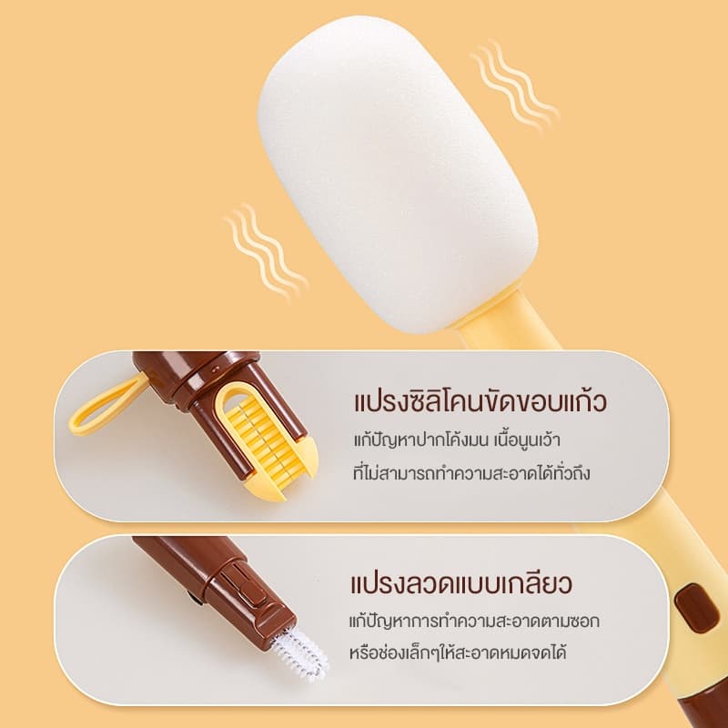 MOYO แปรงล้วงขวดนม แปรงล้างแก้ว 3in1 แปรงฟองน้ำ ฟองน้ำหนานุ่ม ฟองน้ำถอดออกได้ ทำความสะอาดได้ง่าย รูปที่ 4