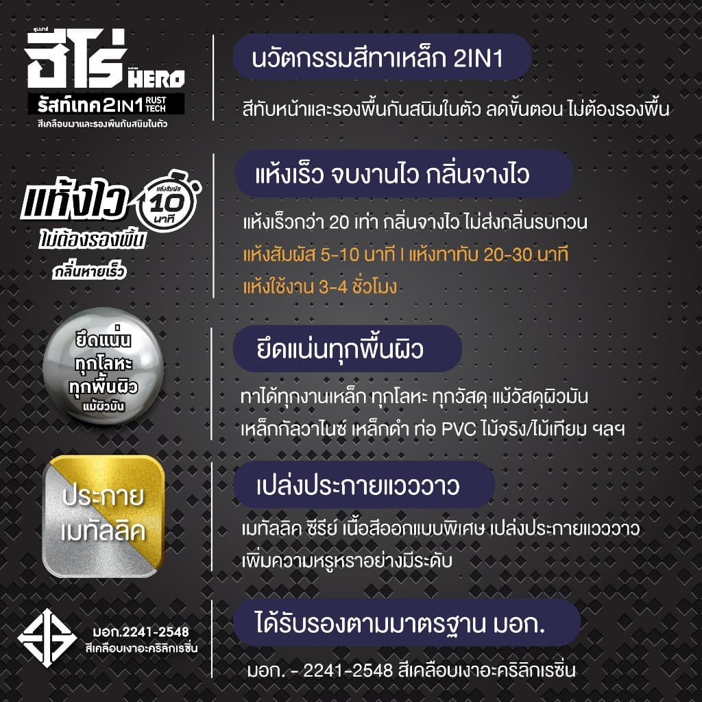 ฮีโร่ รัสท์เทค 2IN1 ชนิดเงา สีทาเหล็ก สีเคลือบ และรองพื้นกันสนิมในตัว HERO RustTech Gloss 2IN1-Enamel & Primer รูปที่ 2