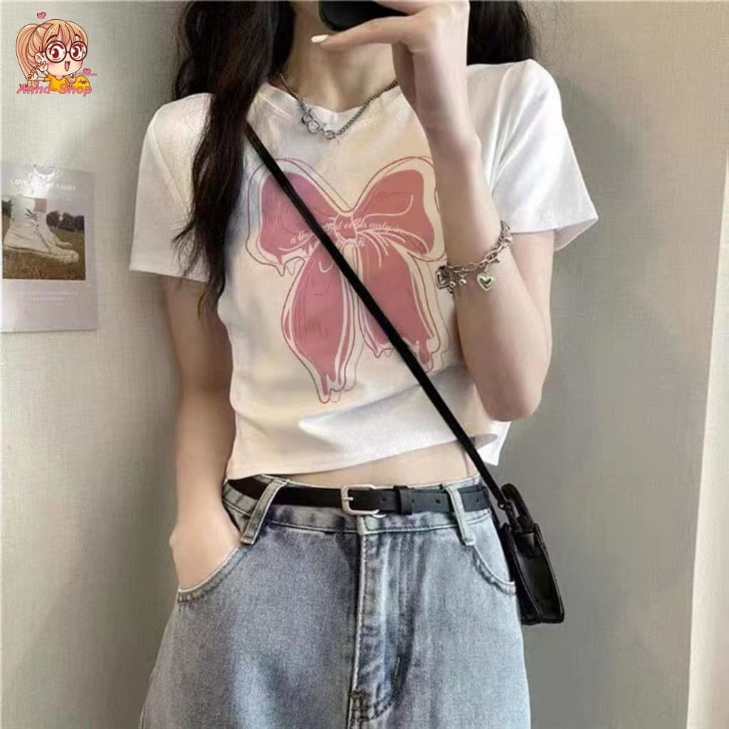 annacny เสื้อยืดสกรีนลายโบว์ เสื้อยืดแฟชั่นเท่ห์ๆ มินิมอลน่ารักสุดๆ คอกลมแขนสั้น TS1149 รูปที่ 2