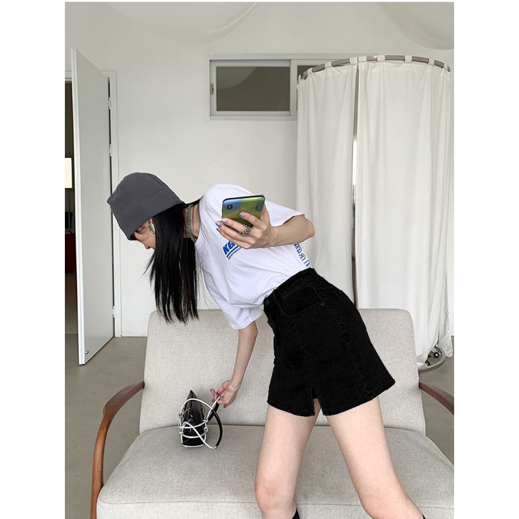 5สี กระโปรงทรงเอ กระโปรงยีนส์ พร้อมกางเกงกันโป๊ งานเย็บละเอียด เเบบผ่าข้าง #J316 รูปที่ 8