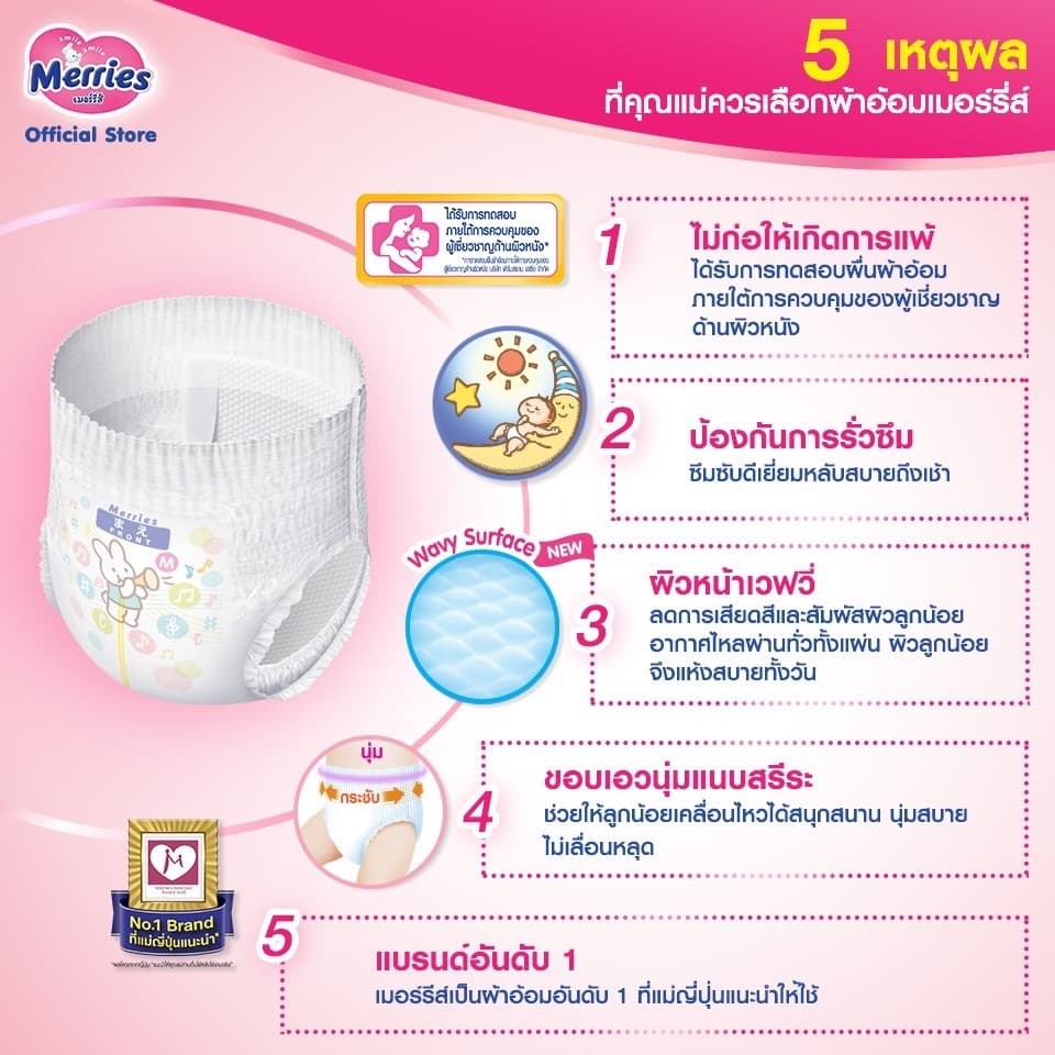 รุ่นใหม่เพิ่มรูระบายอากาศ แบบกางเกง Merries Diaper Pants Ultra Jumbo เมอร์รี่ส์ ผ้าอ้อม M66/ L56/ XL50/ XXL32 รูปที่ 7