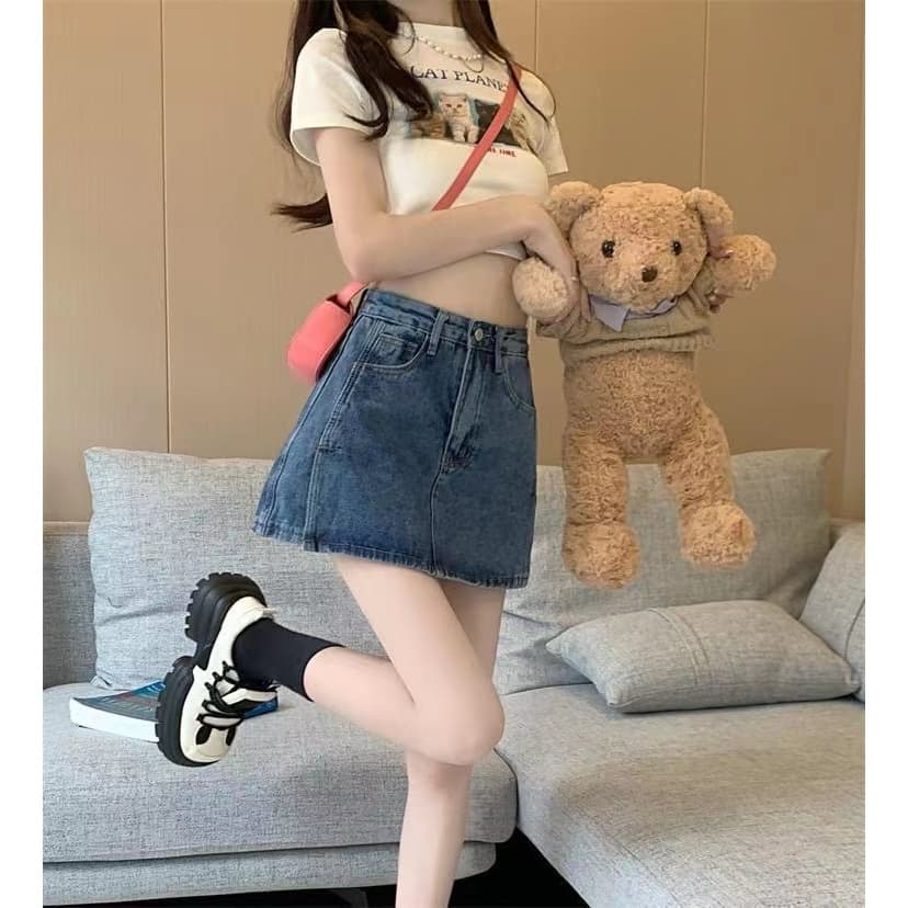 GHAOHES กระโปรงกางเกงยีนส์ S-4XL เอวสูง ลมเกาหลี มินิน่ารัก ผ่า 2 ข้าง มีซับยีนส์ กระโปรง y2k รูปที่ 4