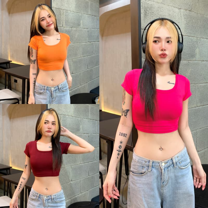 SpinnyHouseเสื้อครอปแขนสั้น ทรงคอเหลี่ยม สาวอวบใส่ได้ เบสิคครอปสุด ผ้าเรย่อนยืดเยอะ ทรงนี้คือฮิตม้าก รุ่น นิตยา รูปที่ 1